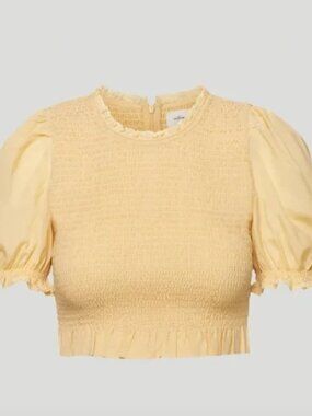 Wilfred Aritzia Tempest Smocked Puff Sleeve Crop Blouse XL Butter Yellow Prairie